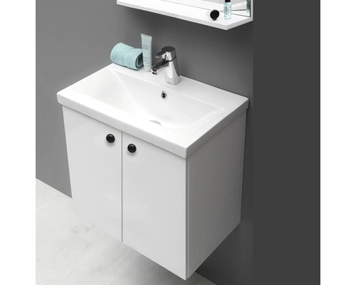 Vitt tvättställ med underskåp, blandare och tillbehör