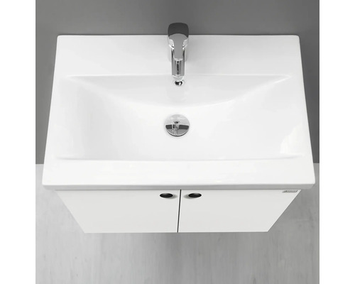 Vitt tvättställsskåp med blandare och två dörrar