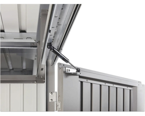 Detaljvy av en öppen trädgårdsbox i metall med gasfjäder