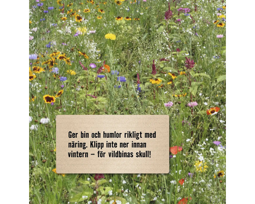 Blomsteräng med informationstext om utfodring av bin