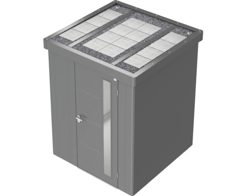 Trädgårdsskåp med platt tak, takvegetation och dörr