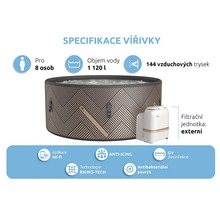 Uppblåsbar bubbelpool för upp till åtta personer med en kapacitet på 1120 liter, 144 luftmunstycken, anti-isningssystem, Rhino-Tech-teknik, antibakteriell yta, UV-desinfektion och wifi-app.