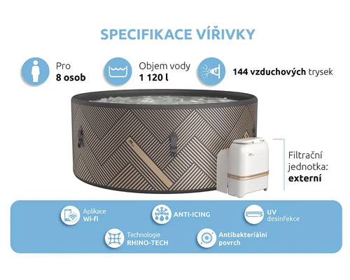 Uppblåsbar bubbelpool för upp till åtta personer med en kapacitet på 1120 liter, 144 luftmunstycken, anti-isningssystem, Rhino-Tech-teknik, antibakteriell yta, UV-desinfektion och wifi-app.