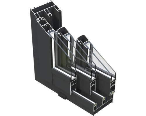 Tvärsnitt av ett fönster med treglas och aluminiumram