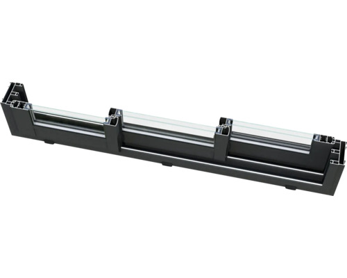 Tvärsnitt av en svart fönsterbräda med glas