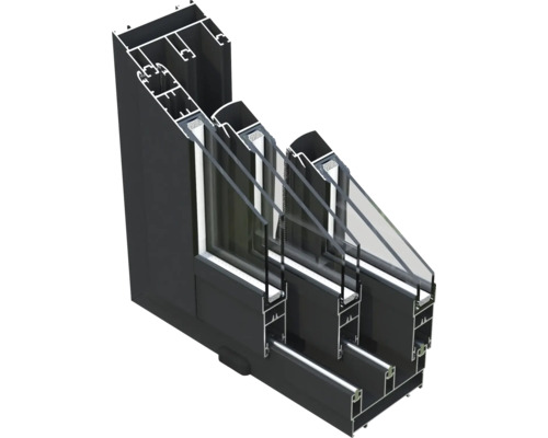 Tvärsnitt av ett aluminiumfönster med treglas