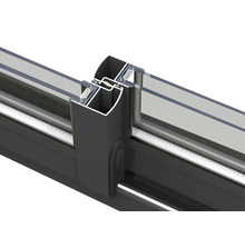 Detaljvy av ett skjutdörrssystem i aluminium med glaspaneler