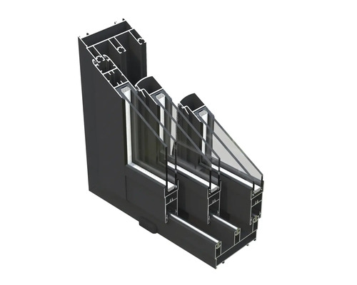 Tvärsnitt av en svart aluminiumfönsterkonstruktion med treglas.