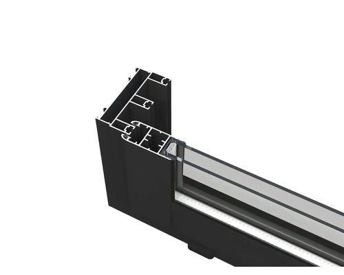 Detaljvy av en fönsterprofil av aluminium och glas