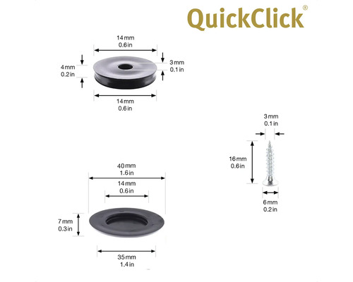 QuickClick logotyp med mått för skruv och brickor