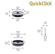 QuickClick logotyp med dimensioner för glid, skruv och dämpningselement