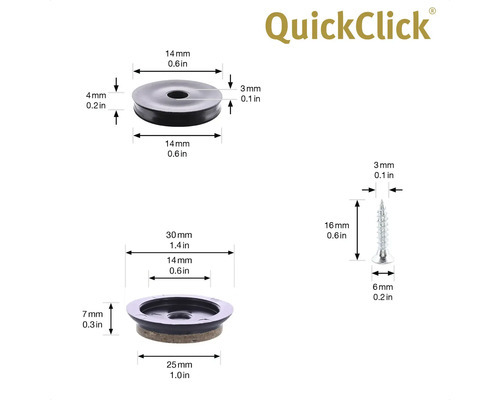 QuickClick logotyp med dimensioner för glid, skruv och dämpningselement