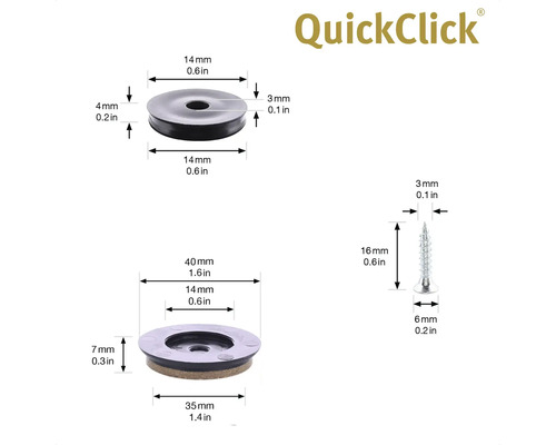 QuickClick produkt med måttangivelser för glidinsats, dämpningsbricka och skruv