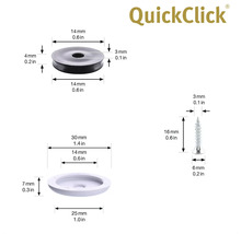 QuickClick logotyp med produktmått för bricka, skruv och hölje