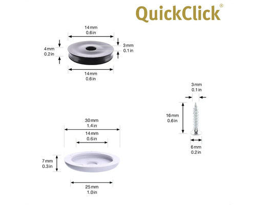 QuickClick logotyp med produktmått för bricka, skruv och hölje
