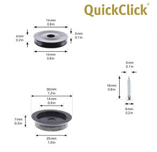 QuickClick logotyp, möbeltass med skruv och mått