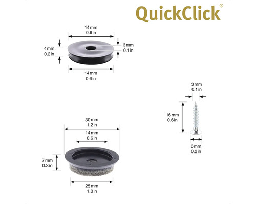 QuickClick logotyp, möbeltass med skruv och mått