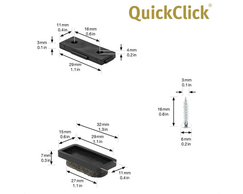 QuickClick glid med skruv och tillhörande mått