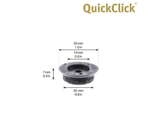 QuickClick möbelglider med måtten 25 mm, 14 mm, 7 mm och 20 mm.