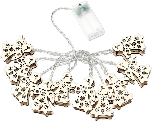 Ljusslinga med trädekorationer i form av änglar och julgranar