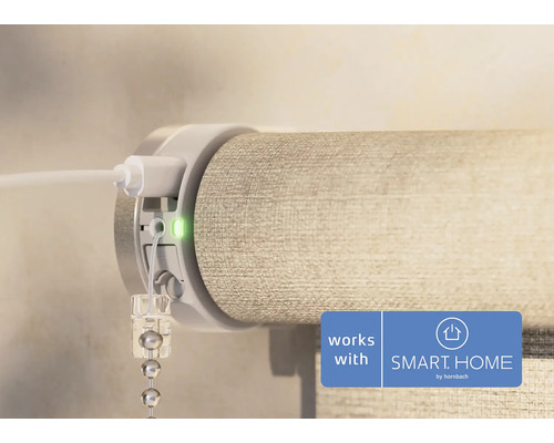 Narbild av rullgardin med USB laddningskabel och statuslampa, kompatibel med SMART HOME by hornbach.