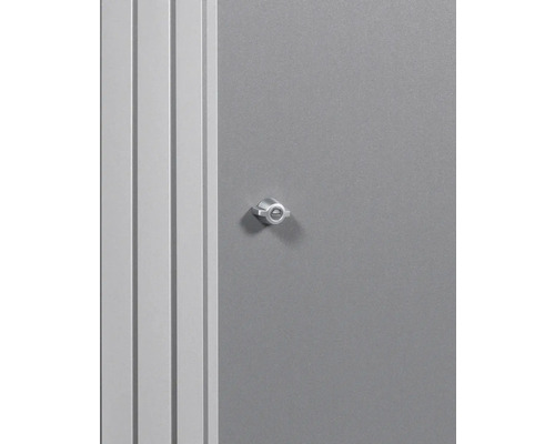 Detaljvy av ett metallskåp med handtag och dörr