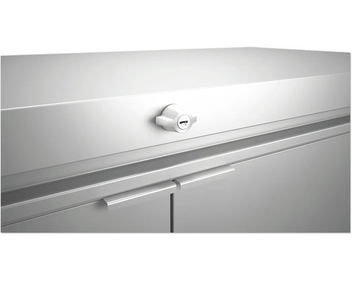 Detaljvy av ett låsbart metallskåp med handtag