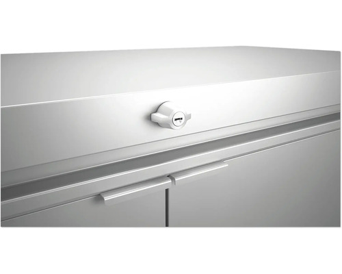 Detaljvy av ett låst metallskåp med handtag