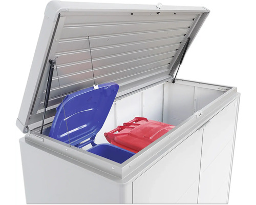 Soptunna med öppet lock och två soptunnor