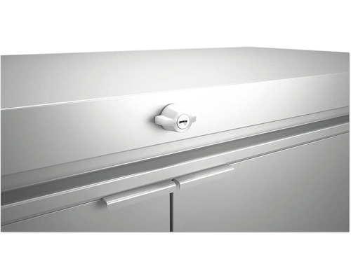 Detaljbild av ett låst metallskåp med handtag