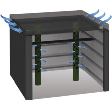 Illustration av ett trädgårdsskjul med ventilationssystem