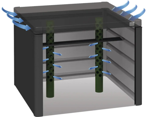 Illustration av ett trädgårdsskjul med ventilationssystem