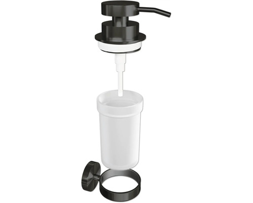 Väggmonterad tvålpump med svart fäste och vit behållare