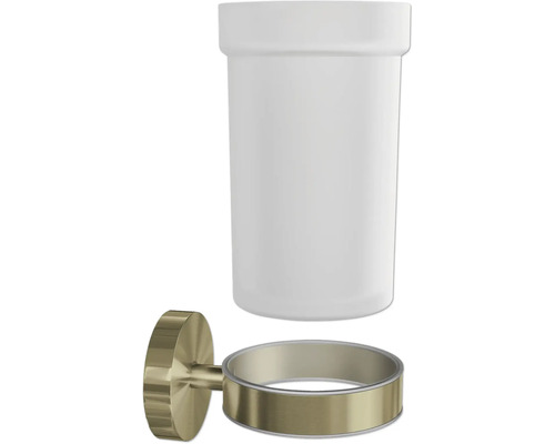 Vägghängd tandborsthållare med vit behållare och guldfärgad hållare