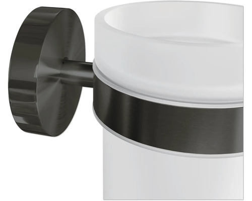 Väggmonterad tandborstmuggshållare av metall och glas