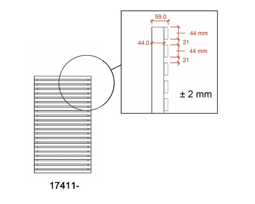 Teknisk ritning av ett lamellstaket med måttangivelser