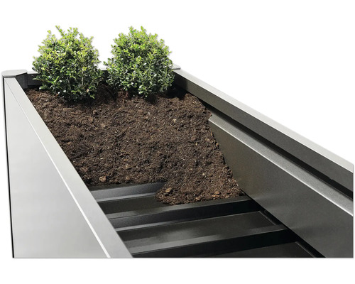 Detaljvy av en planterad blomlåda med jord och växter