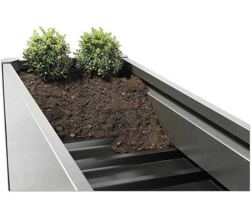 Detaljbild av en upphöjd rabatt med jord och växter.