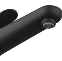 Svart vattenkran med runt utlopp