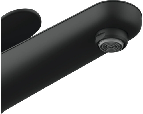 Svart vattenkran med runt utlopp