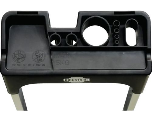 Förvaringsfack för en trappstege med fack för verktyg och en maximal lastkapacitet på 5 kilogram