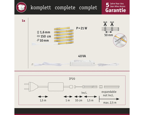 Komplett LED-ljusslinga med tekniska detaljer och fem års garanti