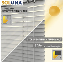 Soluna logotyp, jämförelse mellan standard aluminiumpersienn och mörkläggande aluminiumpersienn.
