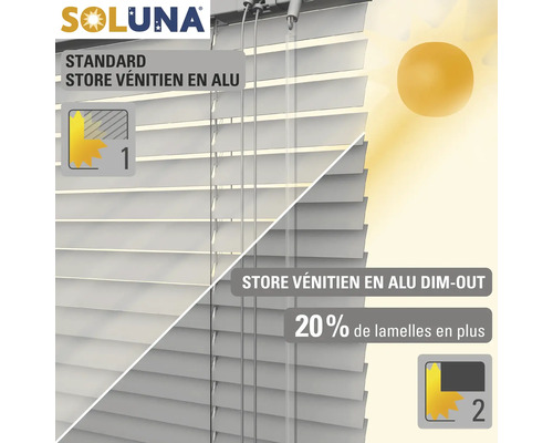 Soluna logotyp, jämförelse mellan standard aluminiumpersienn och mörkläggande aluminiumpersienn.