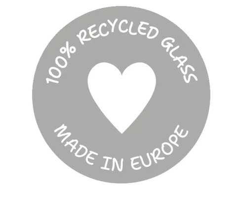 Märkning: 100 procent återvunnet glas, tillverkat i Europa