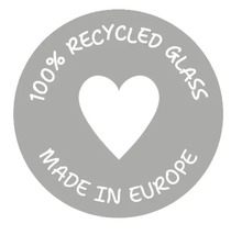 Märkning: 100 procent återvunnet glas, tillverkat i Europa