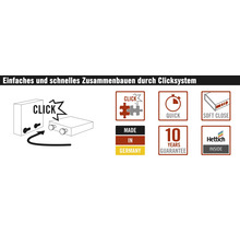 Enkel montering med klicksystem. Tillverkad i Tyskland. 10 års garanti. Mjukstängning. Hettich logotyp.