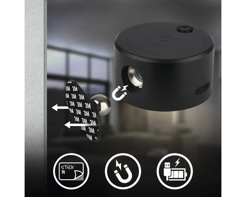 Magnetisk lampa med monteringsfot och symboler för självhäftande funktion, magnetisk fastsättning och USB-laddningsport