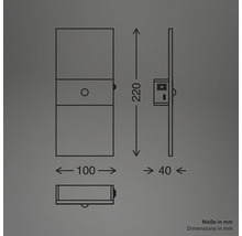 Teknisk ritning av en lampa med måtten 220 mm höjd, 100 mm bredd och 40 mm djup