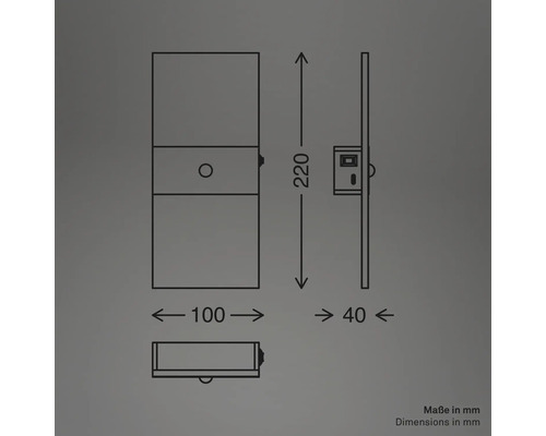Teknisk ritning av en lampa med måtten 220 mm höjd, 100 mm bredd och 40 mm djup